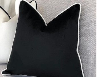 Plush Velvet Cushion Cover with Piping | Textured Black Cream Modern Throw Pillow
