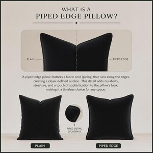 May include: An informational graphic comparing plain and piped edge pillows. The image shows two black square pillows, one with a plain edge and the other with a piped edge. Text explains the features of a piped edge pillow, including a fabric cord along the edges.