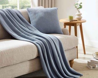 Manta de punto azul empolvado para sofá, manta suave y texturizada para sofá, manta de cama de punto azul, manta acogedora para sala de estar, regalo de decoración neutra para el hogar