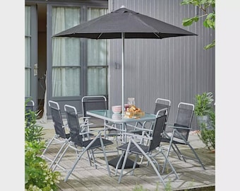 6 Seater Folding Garden Patio Set with Parasol | Glass-Top Table, Steel Frame Dining
