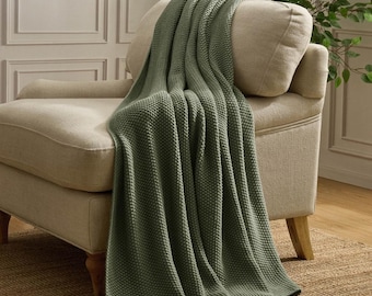 Green Heavyweight Knit Sofa Throw, Sage Textured Couch Blanket, Soft Chunky Bed Throw, Cosy Knitted Blanket, Neutral Home Decor Gift