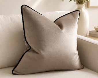 Ivory Beige Velvet Cushion with Black Piping | Cover Only or Duck Feather Filled Cushion | Luxury Sofa & Bed Throw Pillow | All Sizes