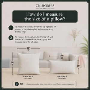 May include: Diagram showing how to measure pillow sizes. Includes a square 20x20 inch pillow and a lumbar 20x12 inch pillow. Instructions state to measure width and length by stretching the corners. Text reads "How do I measure the size of a pillow?"