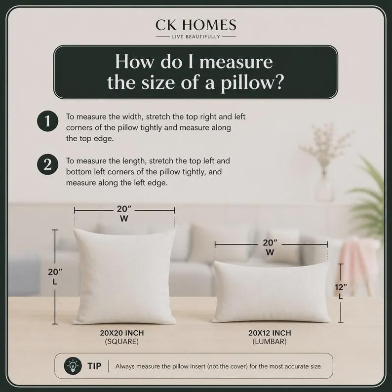 May include: Diagram showing how to measure pillow sizes. Includes a square 20x20 inch pillow and a lumbar 20x12 inch pillow. Instructions state to measure width and length by stretching the corners. Text reads "How do I measure the size of a pillow?"