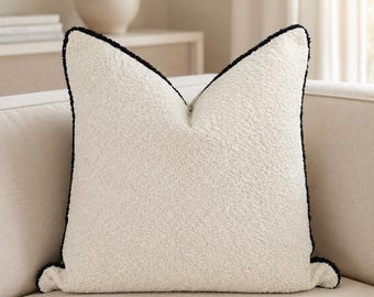 Cream Teddy Boucle Noir Cushion Pillow, Duck Feather Filled Luxury Throw Pillow, Black Piping Sofa & Bed Scatter Cushion, ALL Sizes