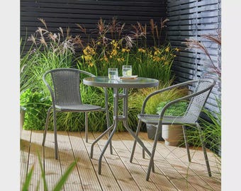 Conjunto de bistró de 2 plazas con efecto ratán / Mesa y sillas de patio grises / Muebles de exterior apilables