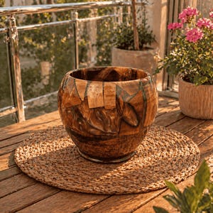Handmade Amber Resin Walnut Wood Bowl, Large Mosaic Centerpiece, Boho Balcony Decor