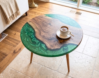 Walnut Epoxy Resin Side Table, Round Accent Furniture, Mid-Century Legs