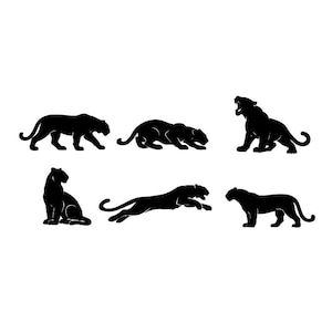 Puede incluir: Siluetas negras de panteras en varias poses, incluyendo caminar, agacharse, saltar y rugir. Las ilustraciones de panteras están sobre un fondo blanco, creando un contraste llamativo. La imagen presenta una colección de arte de vida silvestre.