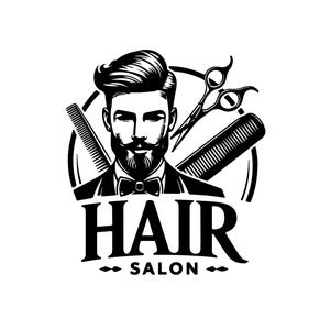 May include: Black and white barber shop logo featuring a stylized illustration of a man with a beard and a bow tie, surrounded by a comb, scissors, and a larger comb. The words "HAIR SALON" are displayed below the illustration.