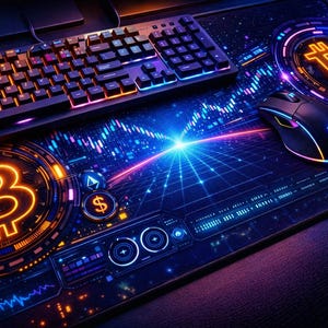 May include: A black computer keyboard and mouse sit on a vibrant, illuminated Bitcoin-themed desk mat. The mat features a Bitcoin symbol, financial data visualizations, and a futuristic design with neon blue and orange accents.
