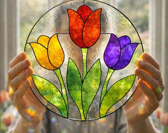 Padrão de vitral de tulipa – Modelo imprimível em SVG, PDF, PNG e JPG, para pendurar na janela e criar um efeito floral. Download digital.