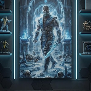 May include: A framed canvas print of a character from the Mortal Kombat video game series. The character is clad in blue armor and holds an ice sword. The background depicts an icy environment with skulls and a frozen archway. The print is displayed on a wall with shelves.