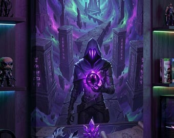 Quadro su tela a tema dark fantasy con mago e poster ispirato a Omen con portale mistico.