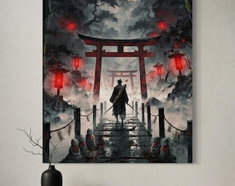 Samuraikrijger Japanse tempelprint, donkerrode lantaarnboskunst (digitale download)
