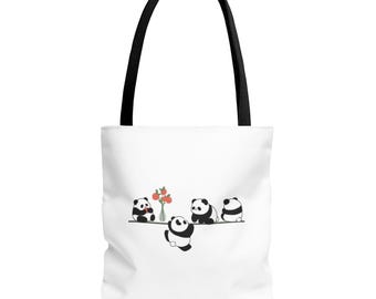 Panda Balance Illustration Tote Bag | Playful Pandas with Flowers, Whimsical Design