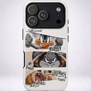 May include: White phone case featuring Daffy Duck, Bugs Bunny, and Taz from Looney Tunes. The case has a black camera module and the names of the characters are written in a graffiti style.