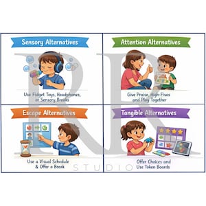 May include: A colorful educational poster with four sections. Each section features illustrations of children and text describing sensory, attention, escape, and tangible alternatives. The text includes "Use Fidget Toys, Headphones, or Sensory Breaks."