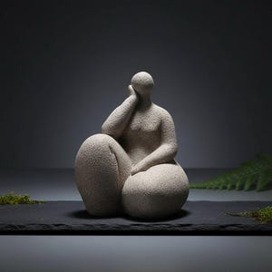 May include: A beige, textured sculpture of a seated figure with one arm resting on a knee and the other supporting the head. The figure is on a dark gray surface, with a dark gray background.