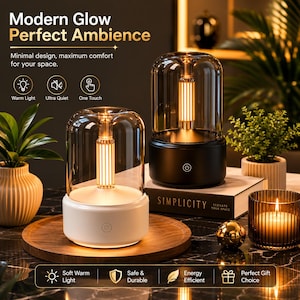 May include: Two cylindrical table lamps with clear glass domes and internal vertical light filaments. One lamp has a white base and the other a black base, both featuring a power icon. Text includes Modern Glow Perfect Ambience and feature icons.