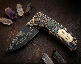 Personlized Tree of Life pocket knife, Engrave brass folder, Romantic anniversary gift for husband