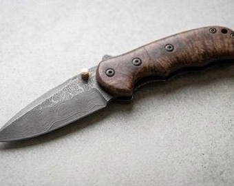 Handmade Burl Wood Damascus Folding Pocket Knife for Anniversary or Birthday Gifts