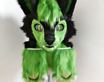 Black Green Wolf Head Custom Fursuit Head Paws Tail Feet Full Partial Suit, Handmade Furry Costume Animal Species Available,Christmas Gifts