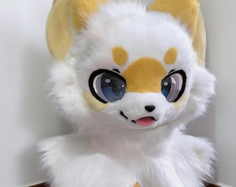 White & Gold Kemono Fursuit Head, Cute Fox Furry Mask, Fluffy Canine Cosplay Costume, Anime Style Animal Fandom Gear,Halloween Party