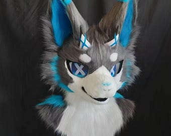 Wolf Fursuit Head with Horns - Electric Blue & Charcoal Gray Premade Furry Mask - Custom Toony Style Cosplay Costume Furry Head