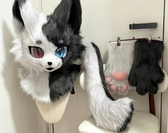 Split Color Fursuit Head – Black White Yin Yang Mask for Cosplay Conventions
