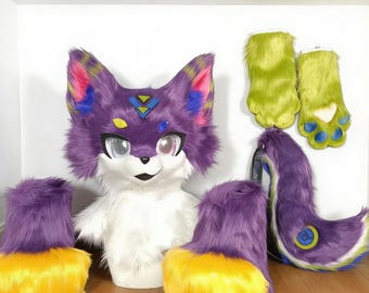 Custom Handmade Fursuit Mini Partial: Realistic Head + Padded Hand Paws + Arm Sleeves + Outdoor Feet + Fluffy Tail - Purple & Lime Style