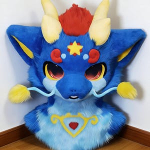 Cabeza de disfraz de dragón azul personalizada - Máscara de dragón estilo Kemono para cosplay, accesorio de disfraz completo por encargo para furries, criatura fantástica hecha a mano.