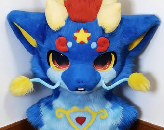 Custom Blue Dragon Fursuit Head - Kemono Style Dragon Mask for Cosplay, Furry Commission Fullsuit Accessory, Handcrafted Fantasy Creature