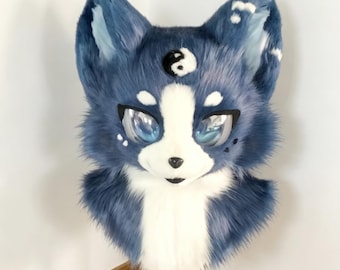 Navy Blue and White Yin Yang Fursuit Head - Custom Kemono Furry Wolf Mask with Tai Chi Symbol