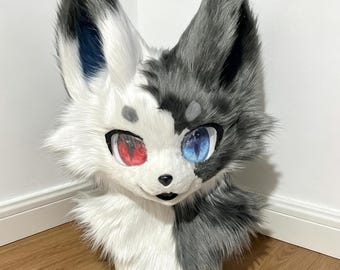 Handmade Black and White Yin Yang Fursuit Head - Custom Kemono Style Two-Tone Furry Mask for Cosplay Halloween Party,Kigurumi Mask