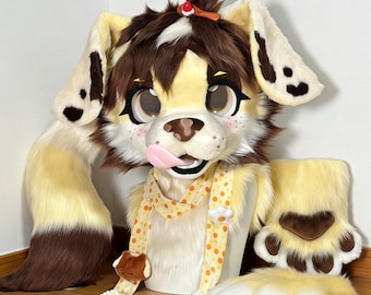 Toony Canine Partial Fursuit Head Paws Tail Set, Cute Brown & Yellow Dog Costume, Floppy Spotty Ears Licky Tongue, Cosplay Gear,Furry Head