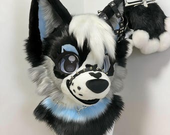 Toony Spiked Fursuit Head, Black White Husky Wolf Mask, Blue Eyes Goth Punk Cosplay Costume, Edgy Fantasy Creature Gear,Furry Head,CosPlay
