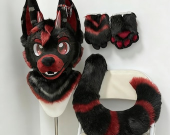 Toony Black Red Wolf Fursuit Mini Partial, Demon Canine Head Paws Tail Set, Furry Cosplay Costume, Edgy Animal Fandom Gear, Furry Head