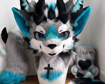Unique Horned Canine Fursuit Head - Grey, Teal, and Black Fur - Follow-me Eyes, Spiked Collar, and Paws Included for Cosplay,Furry Head