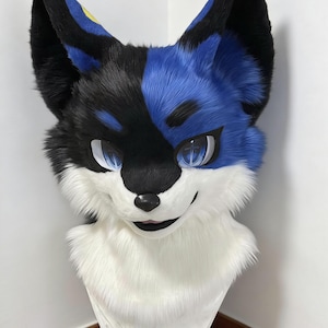 Könnte beinhalten: Ein pelziger Fuchskopf mit einem geteilten Design aus schwarzem und blauem Fell. Der Fuchs hat große, ausdrucksstarke Augen mit einem Kreuzdesign, eine weiße Schnauze und eine flauschige weiße Brust. Die Ohren sind spitz und das Gesamtbild ist freundlich.