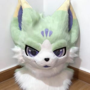 Mint Green Kemono Fursuit Head, Cute Pastel Fox Furry Mask, Fluffy Canine Cosplay Costume, Anime Animal Fandom Gear,Halloween Party,