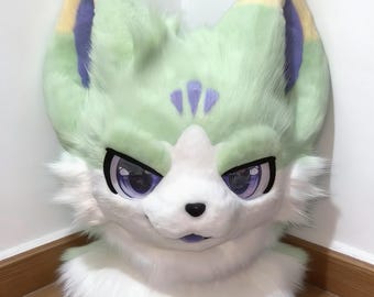 Mintgrüner Kemono Fursuit Kopf, süße Pastell Fuchs Pelzmaske, flauschiges Canine Cosplay Kostüm, Anime Tier Fandom Ausrüstung, Halloween Party,