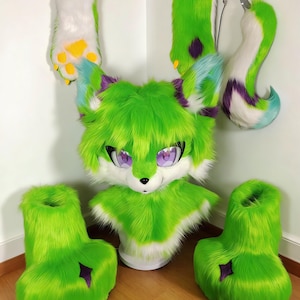 Handmade Neon Green Fursuit Partial Set - Includes Head, Hand Paws, Outdoor Feet Paws and Tail - 100% High Quality Craftsmanship