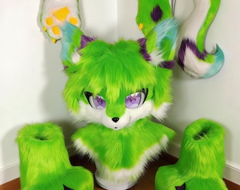 Handmade Neon Green Fursuit Partial Set - Includes Head, Hand Paws, Outdoor Feet Paws and Tail - 100% High Quality Craftsmanship
