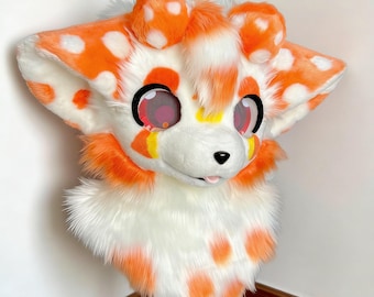 Kawaii Orange Spotted Fox Fursuit Head | Cute Polka Dot Furry Partial | Big Eyes Pastel Bow Cosplay Hood | Sparkly Eyes Pink Star Clip