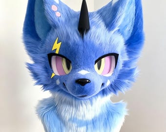 Blue Lightning Einhorn Fursuit Head - Individuell handgefertigtes Kemono Beast Headset für Furry Fandom und Events Cosplay Fursuit Günstige Furry Head