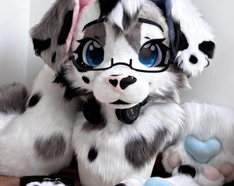 Unique Spotted Dog Fursuit Head - Cute Animal Mask with Glasses and Headphones Accessory - Toony Style Furry Mascot for Cosplay,Furry Head
