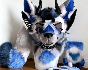 Title: Gothic Blue and White Horned Fursuit Head Set - Handmade Devil Style Furry Mask with Paws and Long Tail Halloween Party Furry Head