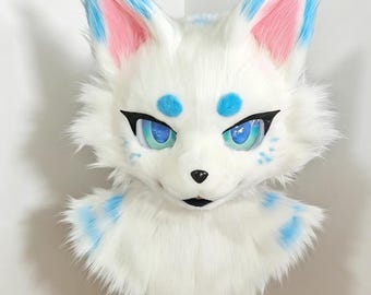 Custom Handmade White and Blue Fursuit Head - Cool and Sharp Kemono Wolf Mask with Pink Inner Ears and Blue Spots  Cosplay and Fandom Events