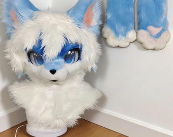 Handmade Blue & White Fursuit Partial Set - Includes Fursuit Head and Paws - 100% High-Quality Professional Craftsmanship Furry Head